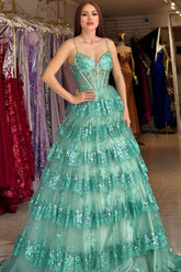 Green Prom Dress A Line Spaghetti Straps Sequined Lace Formal Dress